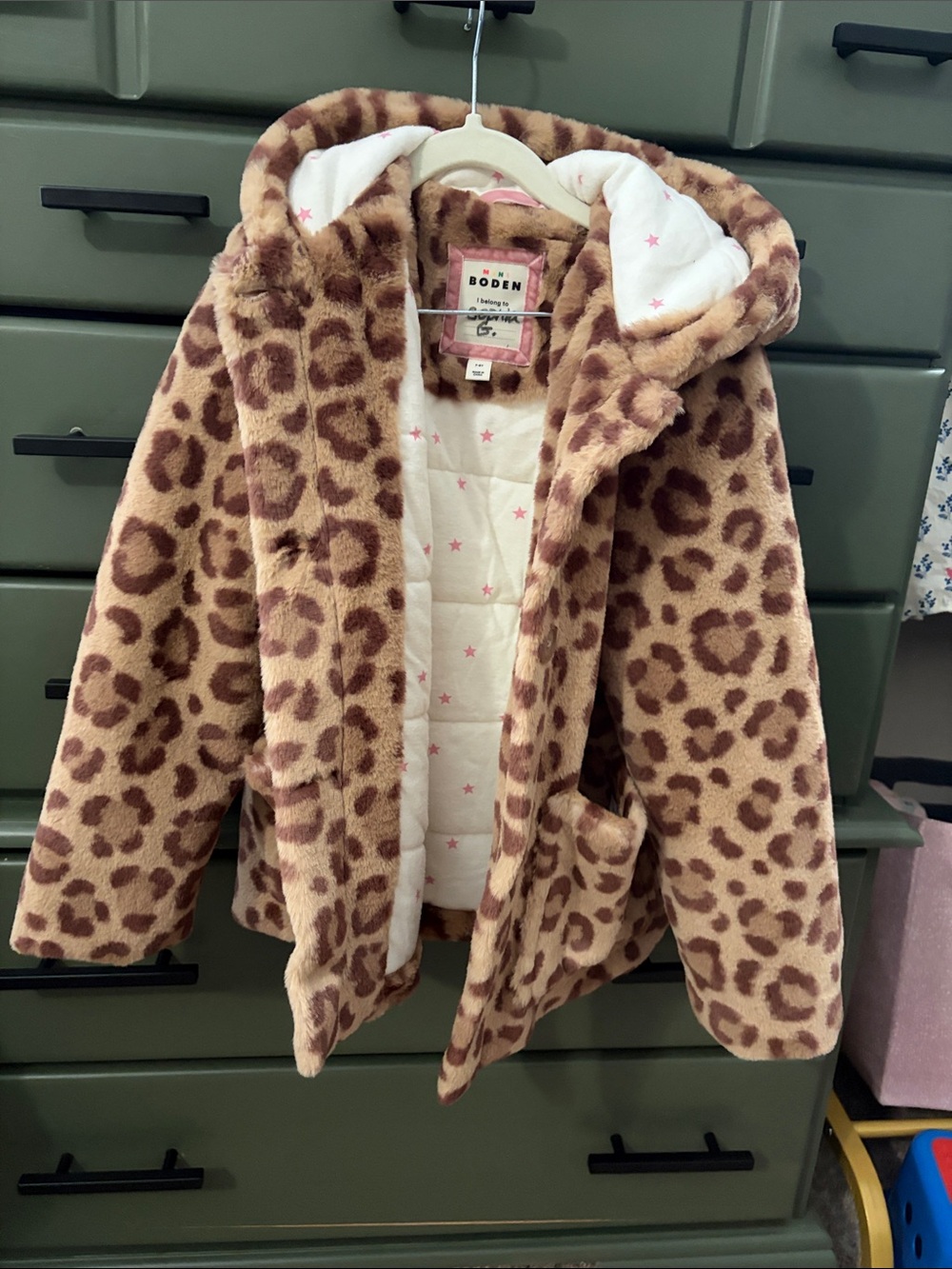 Mini Boden Girls Leopard Faux-Fur Hooded Puffer Coat in Tan and Brown